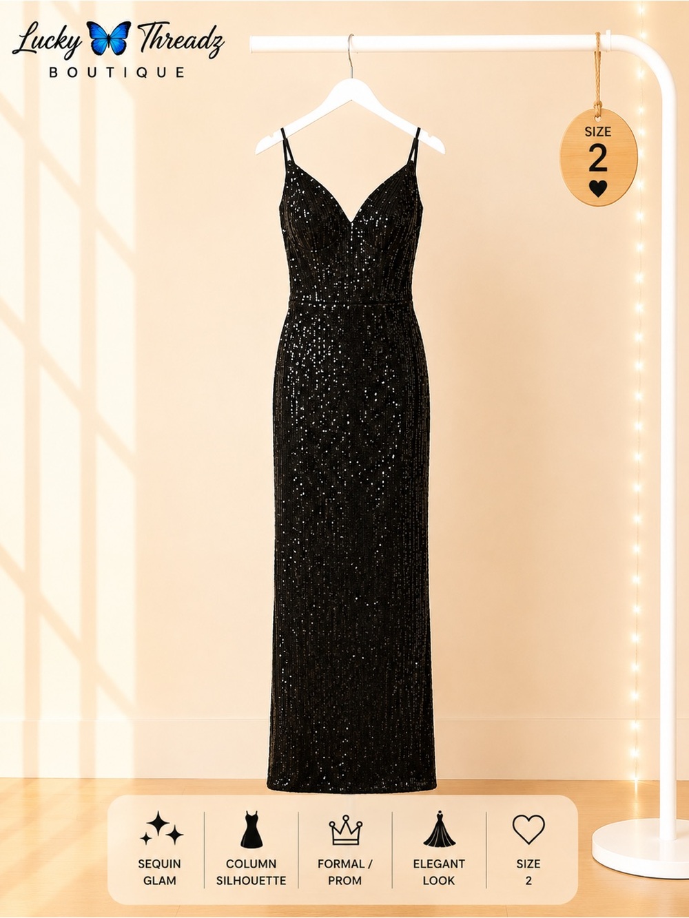 Black Sequin Evening Dress Floor Length Formal Prom Size 2